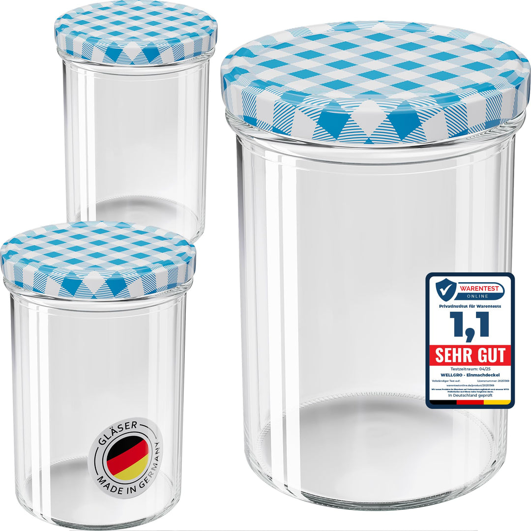WELLGRO 200x Einmachgläser mit Schraubdeckel - 435 ml, 8,5 x 12 cm (ØxH), Glas/Metall, blau karierte