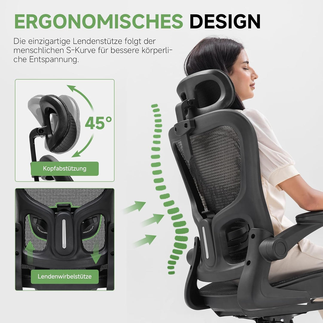 GTPLAYER Bürostuhl Ergonomisch, Schreibtischstuhl mit Verstellbarer Kopfstütze, Armlehnen, Lendenwir