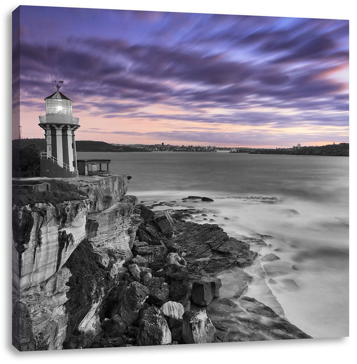 Pixxprint Leuchtturm an Klippe schwarz/weiss, Format: 70x70 auf Leinwand, 70x70