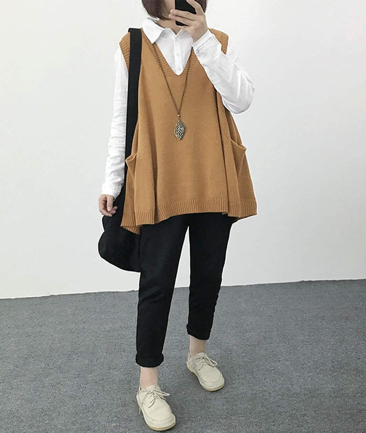 Janein Damen Pullunder ärmellos V Ausschnitt Stricken Weste Oversize Strickweste Beheizbare Tank Top
