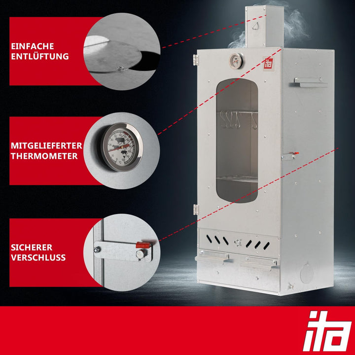 ITA Räucherofen 7012 - Smoker Set mit Heizelement & Räucherspänen - Räucherschrank mit 3 Etagen - Le