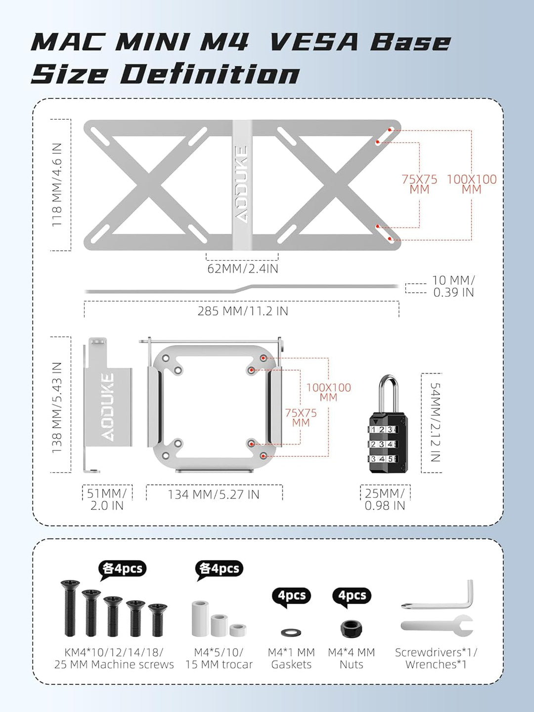 Aluminum Alloy 2024 Mac Mini M4 with Combination Lock Security Bracket, Compatible with VESA Hole Mo