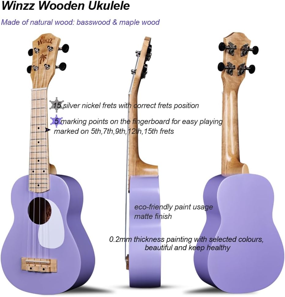 Winzz Ukulele Kinder Sopran, Ukulele Erwachsene Anfänger Set, 21 Zoll, mit 9 Zubehör, Kleine Einstei