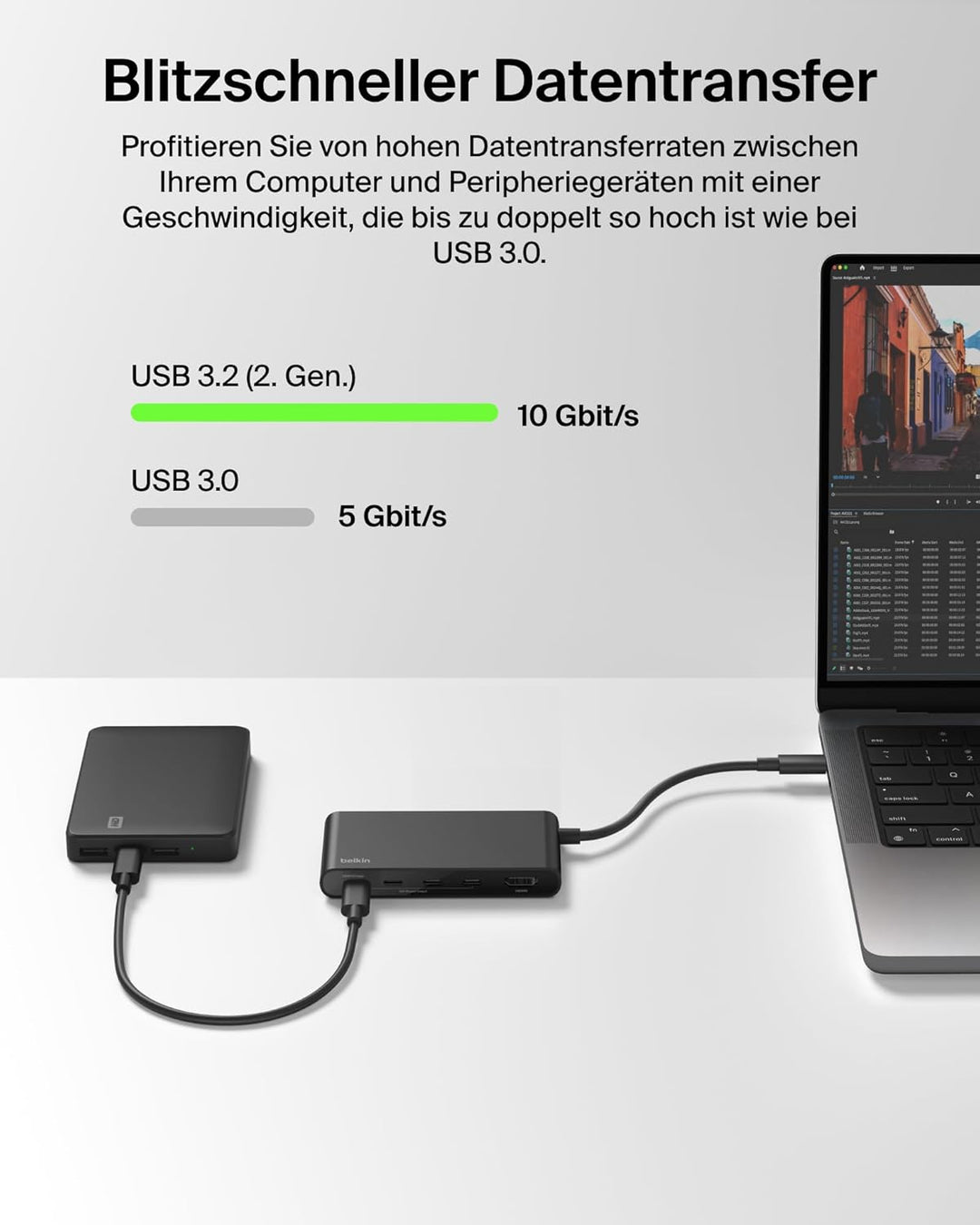 Belkin USB Hub, 5 in 1 USB C Adapter mit HDMI Anschluss, 4K 60Hz, 100W Power Delivery, Schneller Dat
