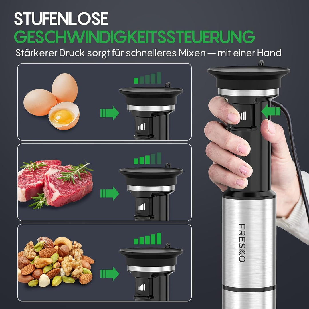FRESKO Stabmixer 1000W mit Zubehör Set, Pürierstab Edelstahl inkl. Schneebesen, 500ml Zerkleinerer,