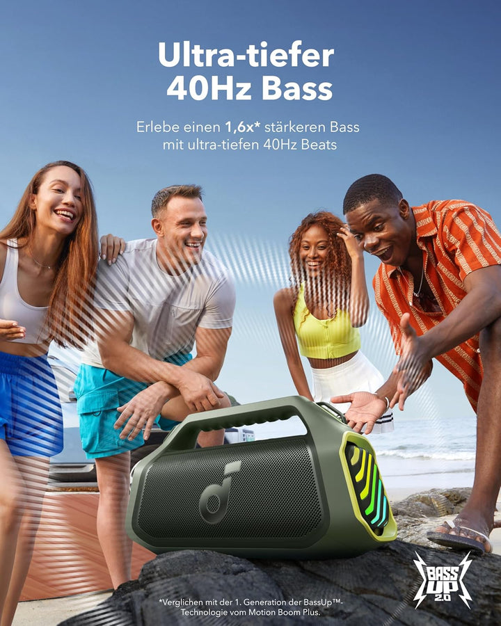 soundcore Boom 2 Plus Outdoor Lautsprecher, 140W, 2+2 Channel, BassUp 2.0, 20h, Schnellladung, IPX7
