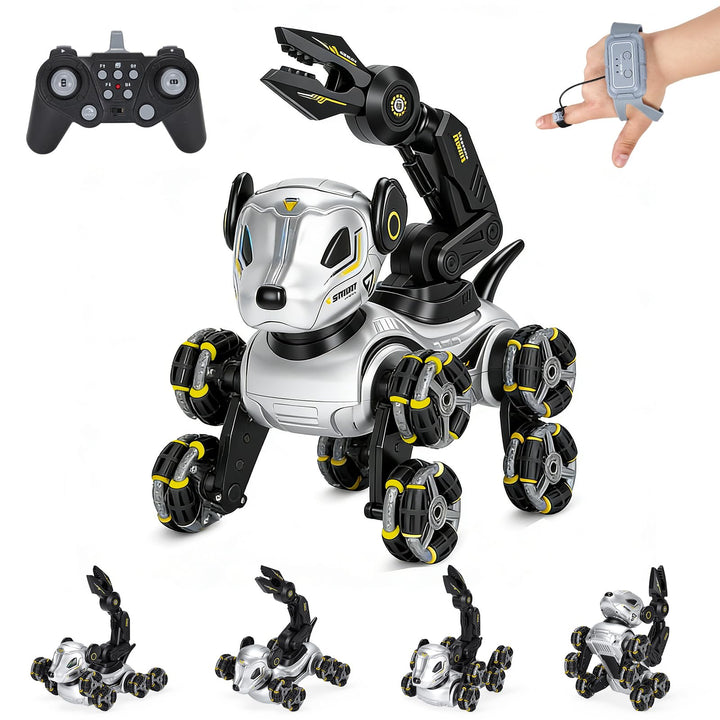Roboter Hund Kinder – Interaktiver RC Roboterhund mit Gestensteuerung Uhr, Greifarm, 8-Rad Stunts, L