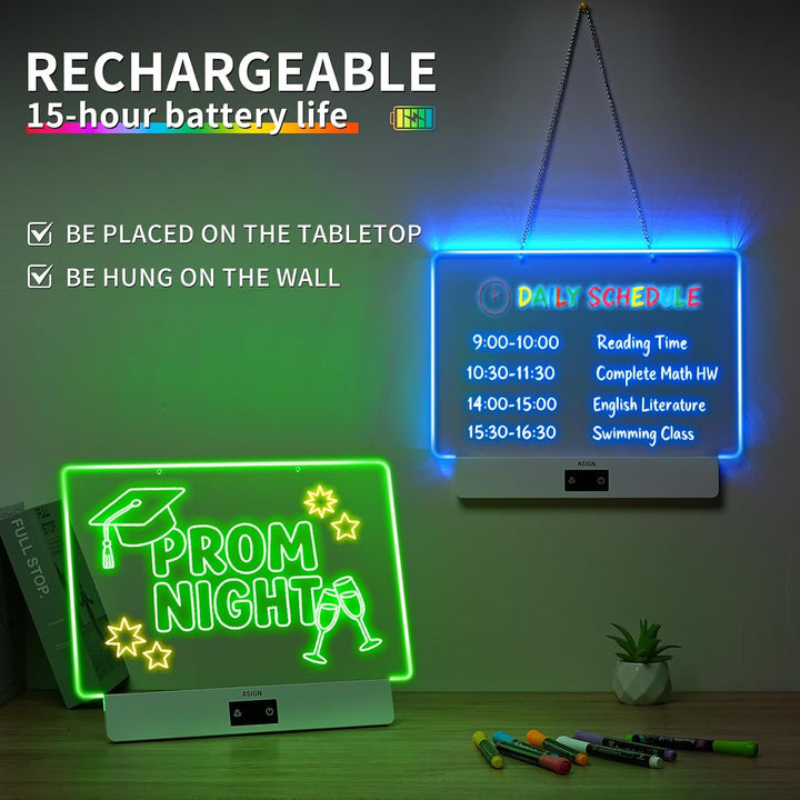 Wiederaufladbares LED-Zeichenbrett, 41,6 cm Lumiboard, 8 Farben und 3 Modi, LED-Notiztafel mit integ