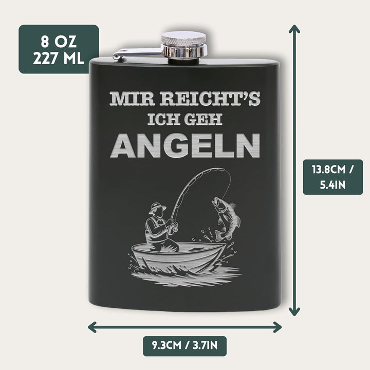 Flanacom Flachmann aus Edelstahl 227 ml (8oz) – Angeln &amp; Fischer Design – inkl. Trichter – Auslaufsi
