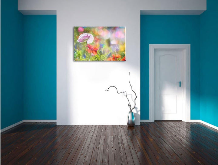 Pixxprint Kalifornischer Mohn im Frühling Kunst Buntstift Effekt, Format: 100x70 auf Leinwand, 100x7