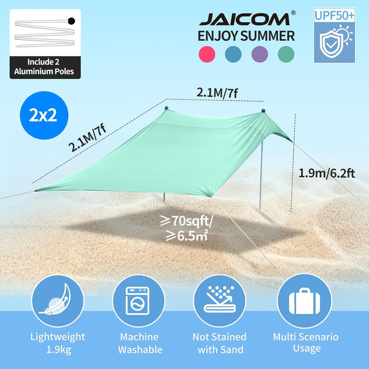 JAICOM Strandzelt, 2.1x2.1m Strandmuschel, UPF50+ UV-Schutz und Wasserdicht Sonnensegel, Mit Sandsch