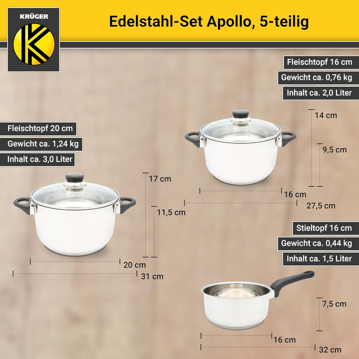 Krüger Edelstahl Kochtopf-Set Apollo 5-teilig - Topfset aus 4 Kochtöpfen und einer Stielkasserolle m