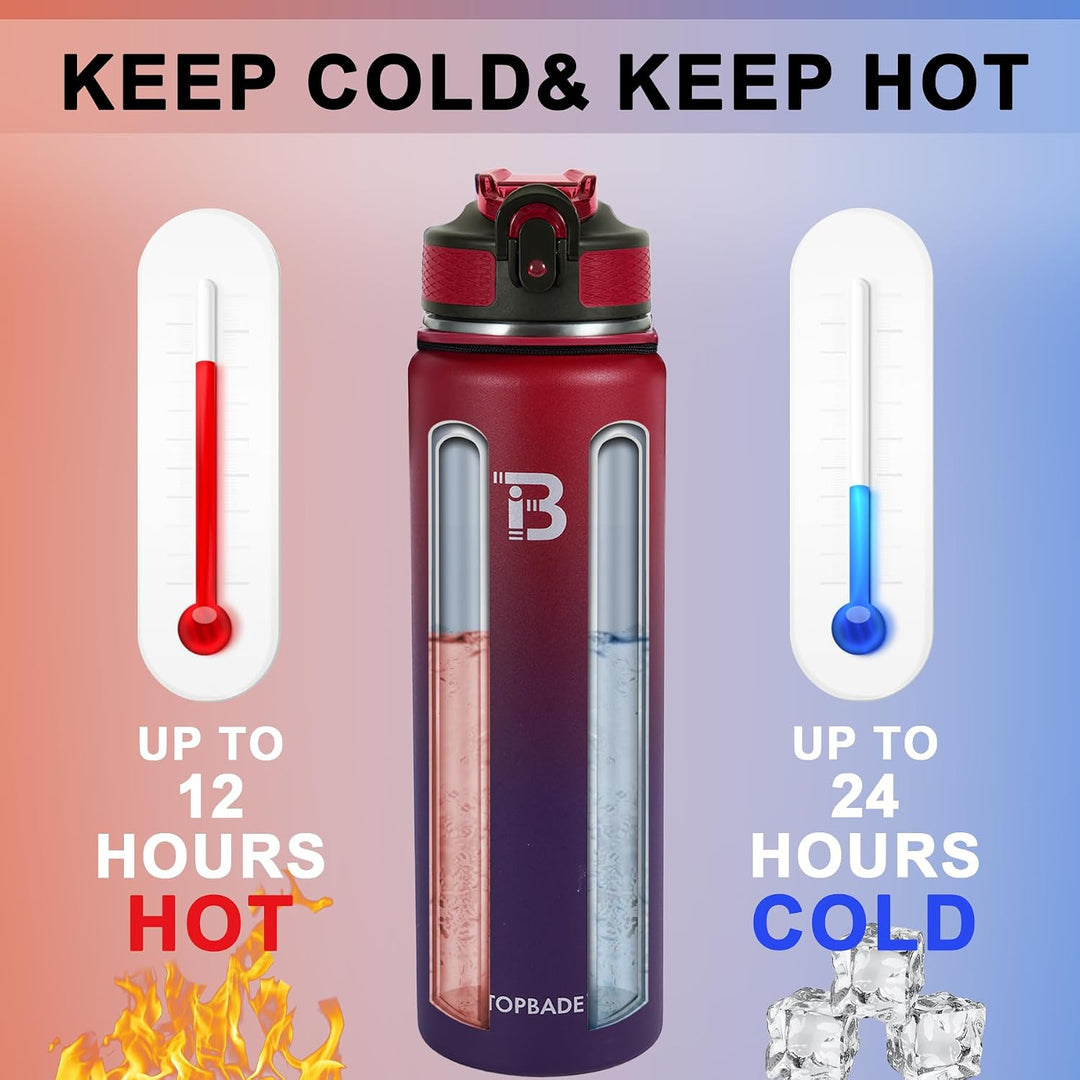 TOPBADE Edelstahl Trinkflasche Sport mit Strohhalm Deckel & Chug Deckel 1L, BPA-Frei Isolierte Wasse