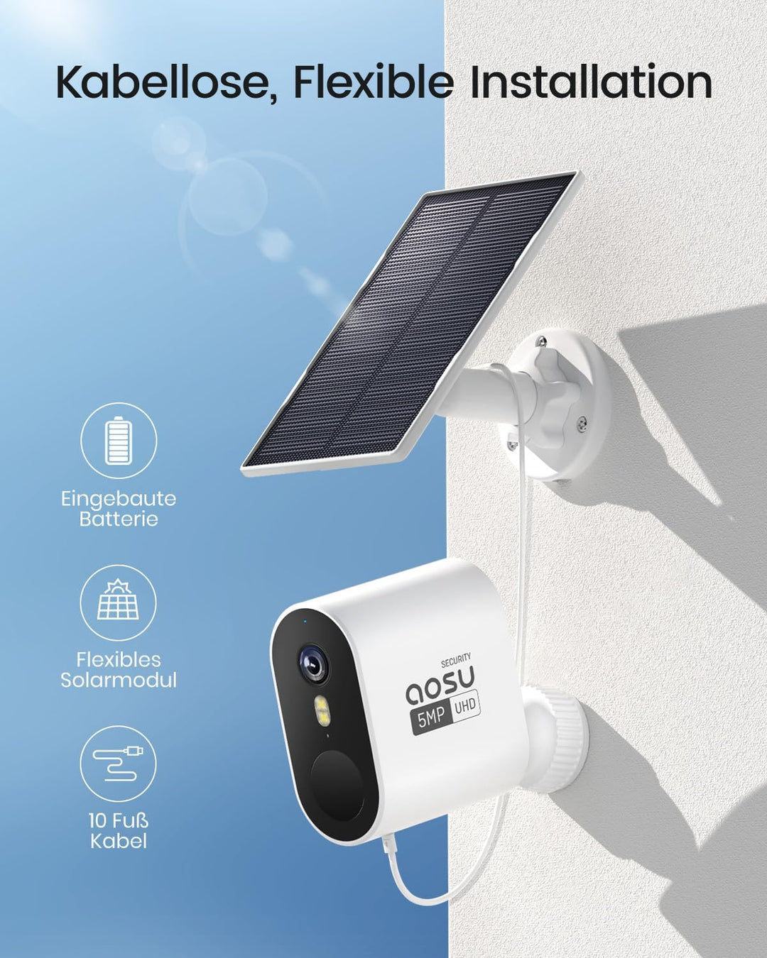 aosu 3K 5MP UHD Überwachungskamera Aussen Solar Akku 4 Cam Kit mit aosuBase 32GB Lokal Speicher Kein
