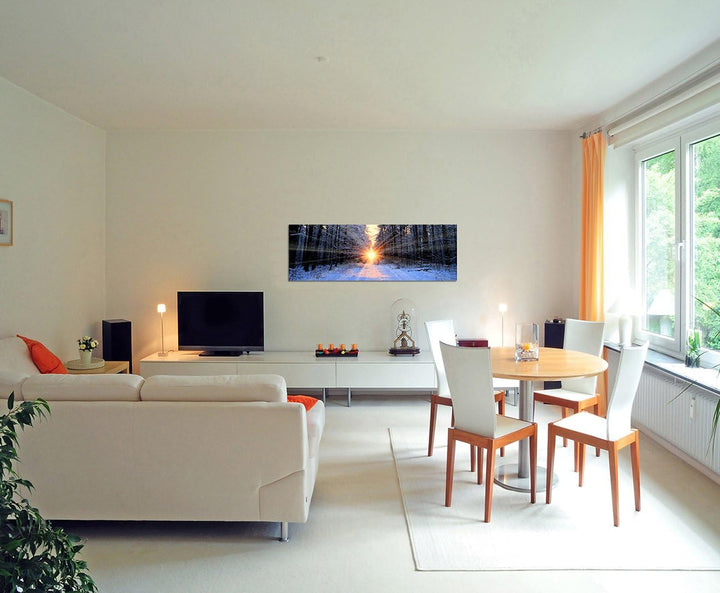 Paul Sinus Art Panoramabild auf Leinwand und Keilrahmen 150x50cm Wald Bäume Winter Schnee Sonnenaufg