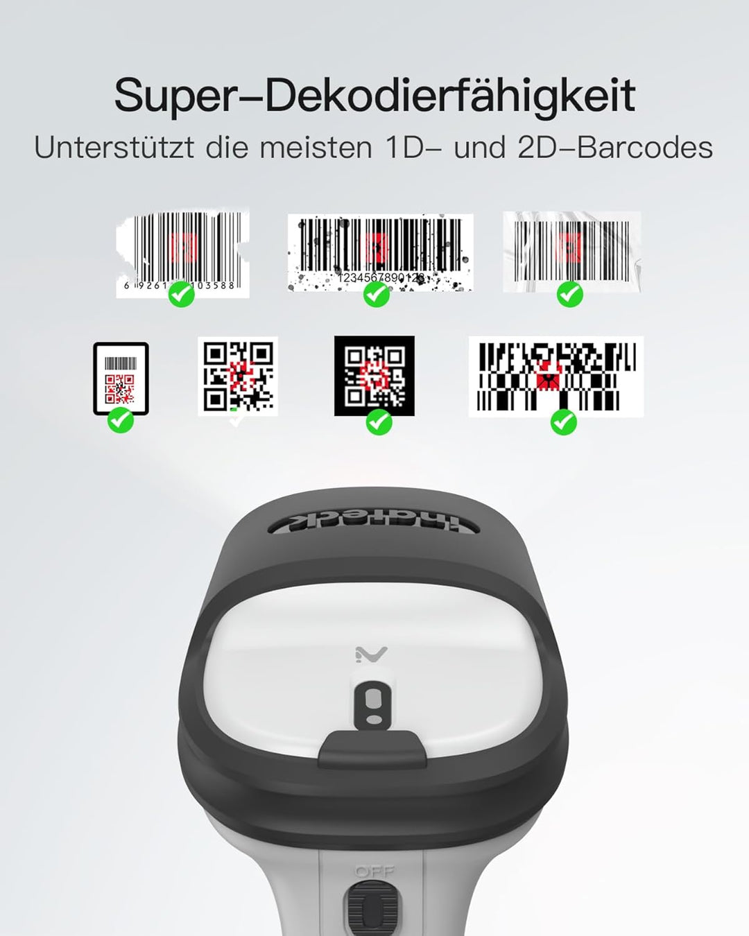 Inateck Barcode Scanner 2D Bluetooth, Kabellose QR Code Scanner, Wireless Handscanner mit AI APP &amp; S