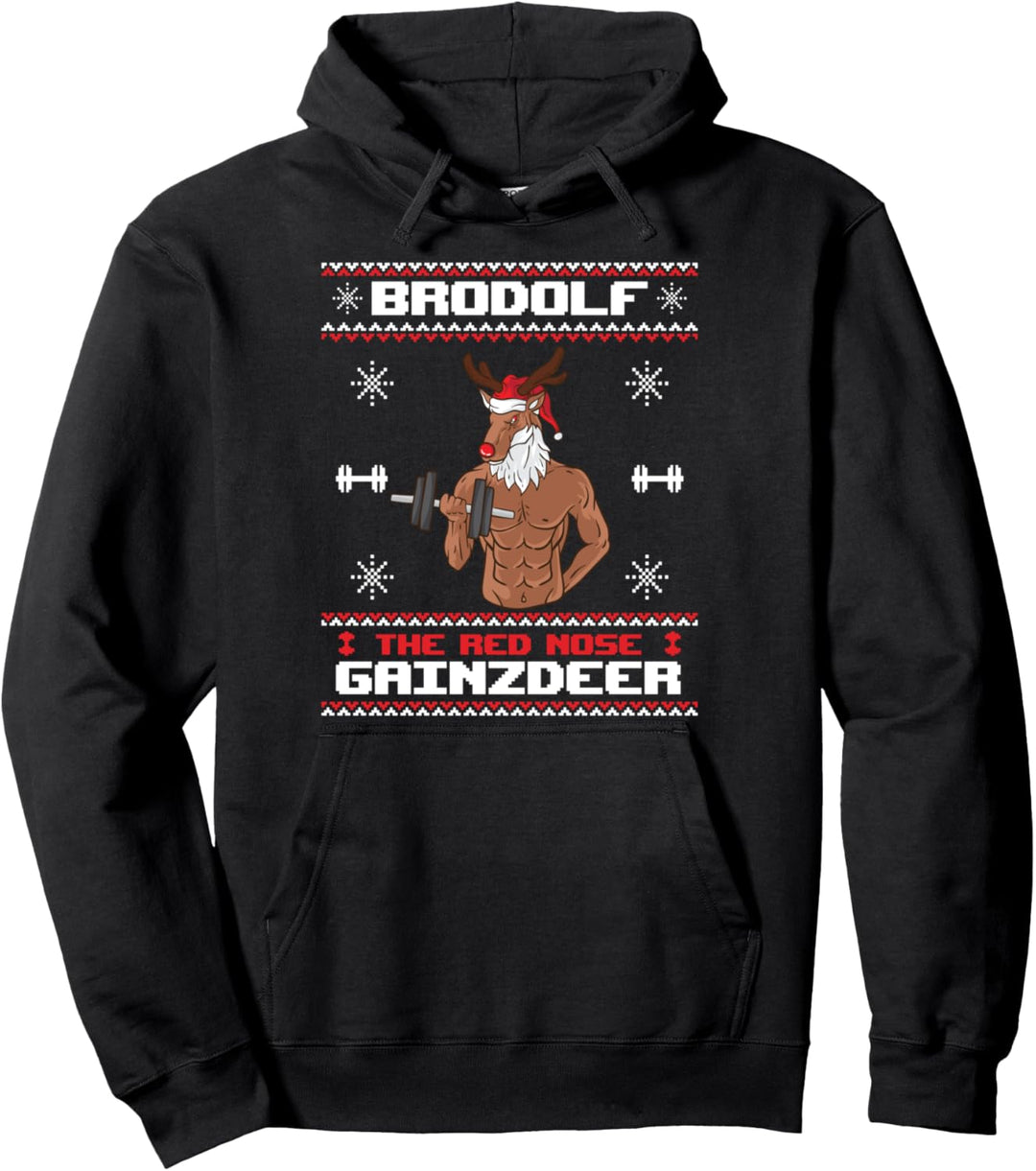 Brodolf The Red Nose Gainzdeer Gym Ugly Christmas Sweater Pullover Hoodie