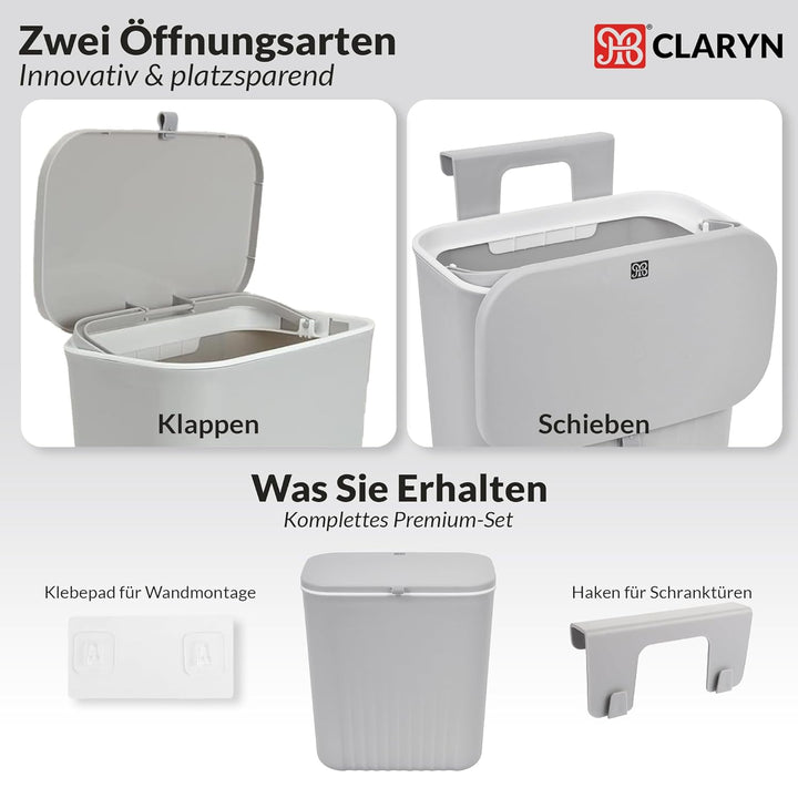 MBI CLARYN Hängender Mülleimer Küche 9L | Geruchsdichter Biomülleimer mit Deckel | Küchenabfalleimer