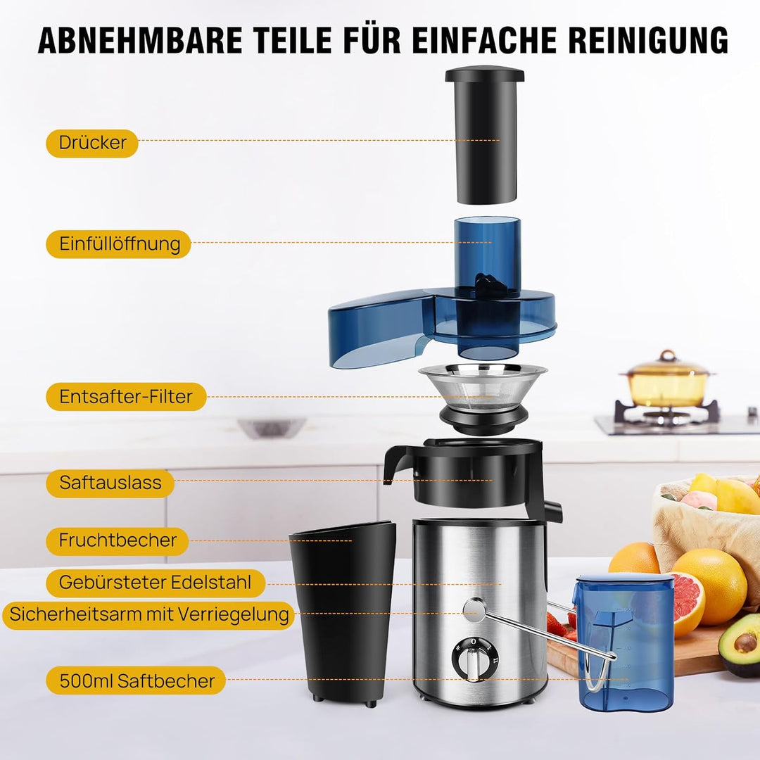 Entsafter für Obst und Gemüse in Edelstahl, Extraktor Power 400W Zentrifugaler 65 MM Einfüllöffnung