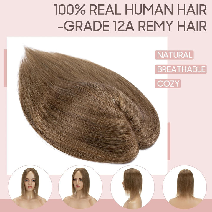 Silk-co Hair Topper Echthaar, 10x12cm Basis Toupet Damen, Haartopper Echthaar mit Remy Seide Basis,