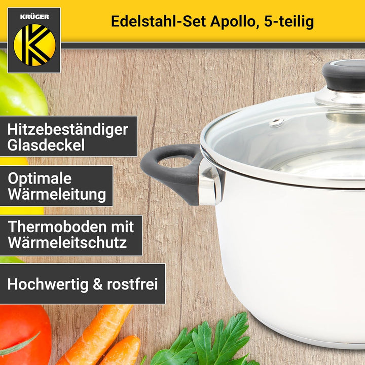 Krüger Edelstahl Kochtopf-Set Apollo 5-teilig - Topfset aus 4 Kochtöpfen und einer Stielkasserolle m