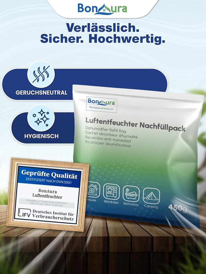BonAura® Luftentfeuchter Nachfüllpack 4x 450g - Sparset Luftentfeuchter Granulat - 4er Set Entfeucht