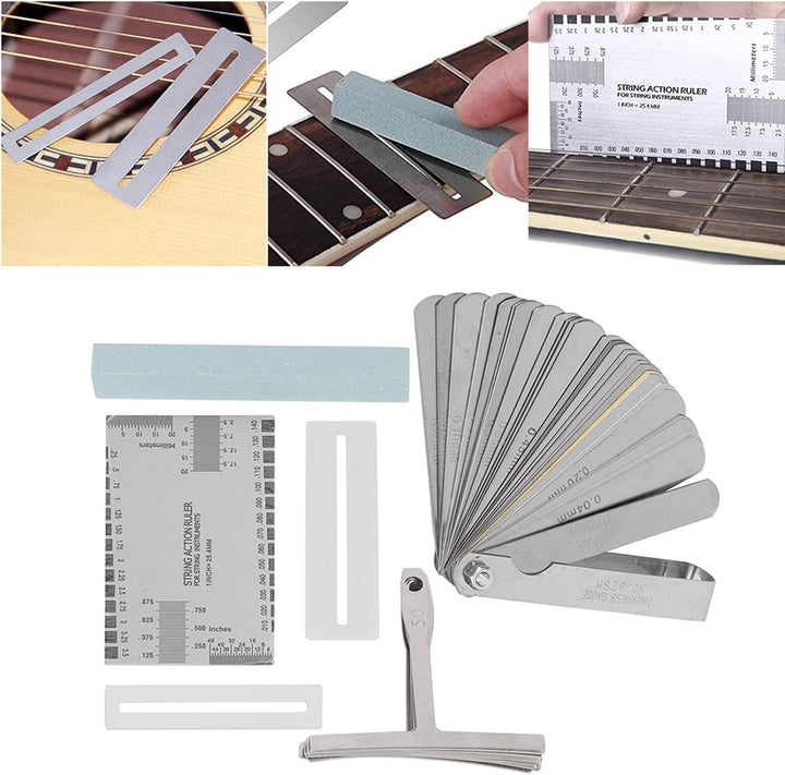 Gitarren Tool Set, Edelstahl Gitarrenwerkzeuge mit Sander Radius Gauge, String Action Ruler und Grif