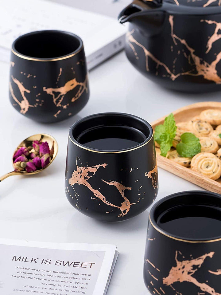 KKGUD Japanischer Stil, Keramik-Teeset, elegante Teekanne und 4 Teetassen mit Holztablett für Nachmi