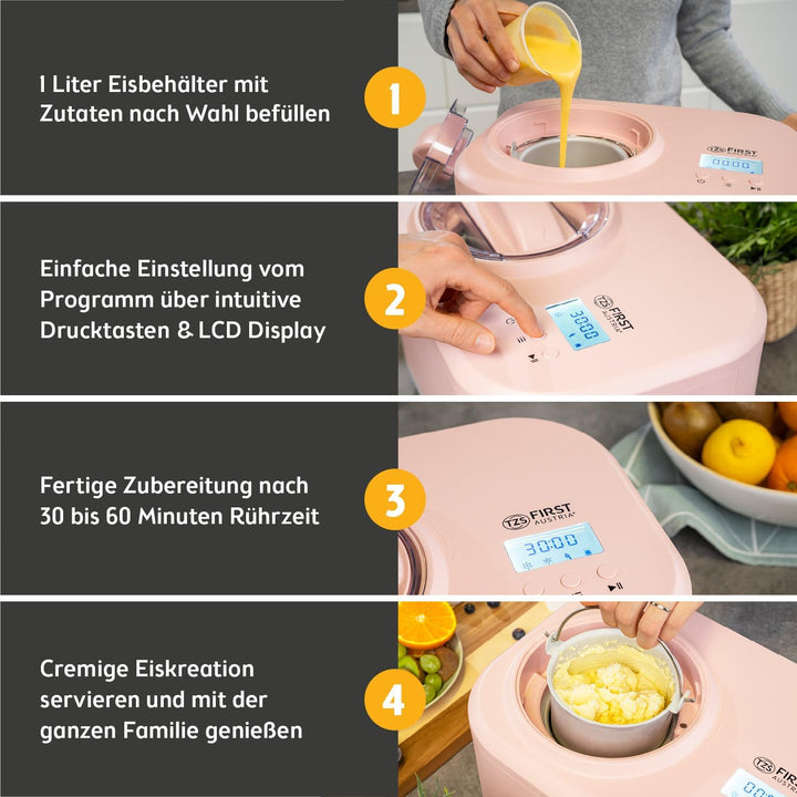 TZS First Austria - Eismaschine 1L mit Kompressor 3 in 1 - Ice Cream Maker 100W selbstkühlend für Fr