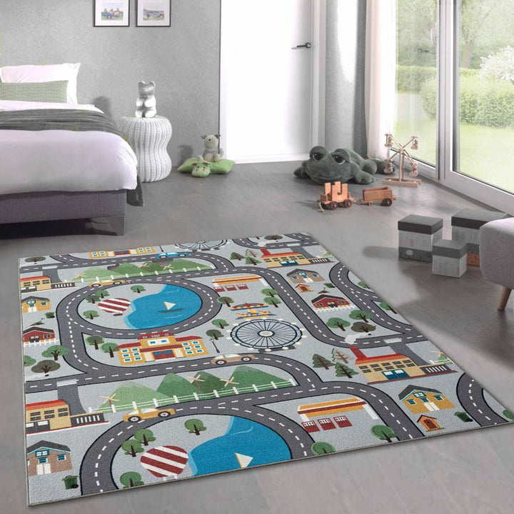 CARPETIA Kinder Spielmatte mit Blick auf die Stadt | Hintergrund in grau Grösse 160x220 cm Strasse G