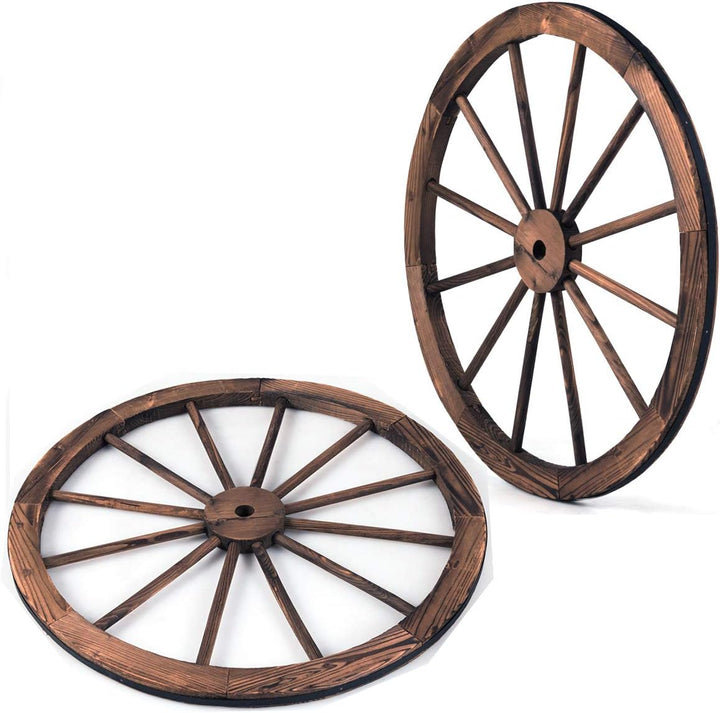 GIANTEX Wagenrad Holzrad 2er Set, Dekorad Holz Wagen Deko Rad Braun, Dekoratives Wagen Rad mit Eisen