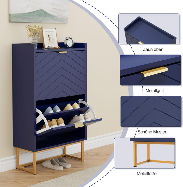 UEV Schuhschrank mit 2 Klappen Schmal, Schuhkipper für Flur Wohnzimmer, Schuhkommode mit Kippschutz,