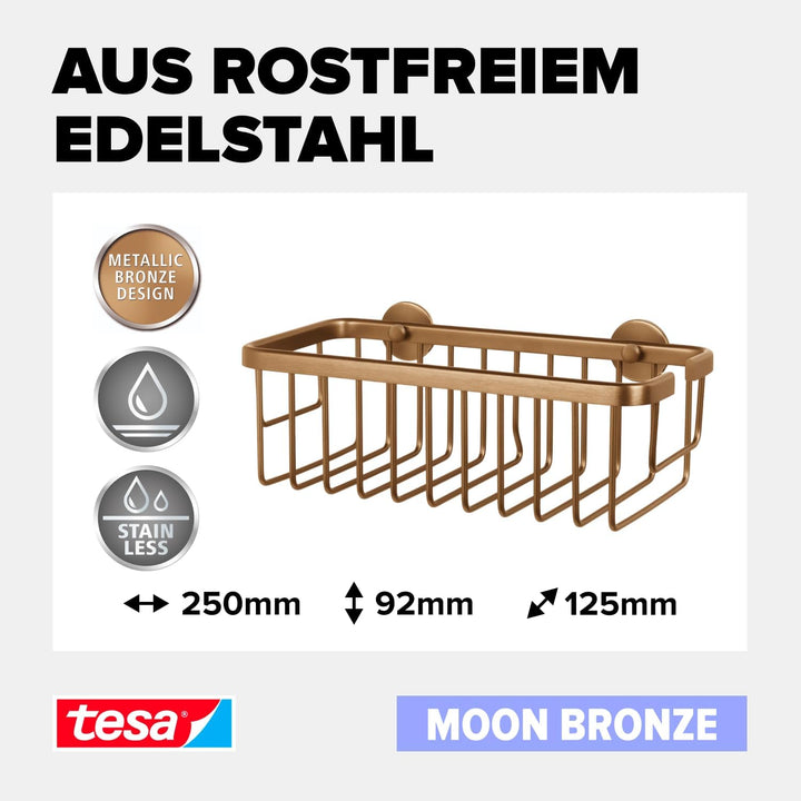 tesa MOON BRONZE selbstklebende Duschablage in gebürsteter Bronze - einstöckig und extra tief - Dusc