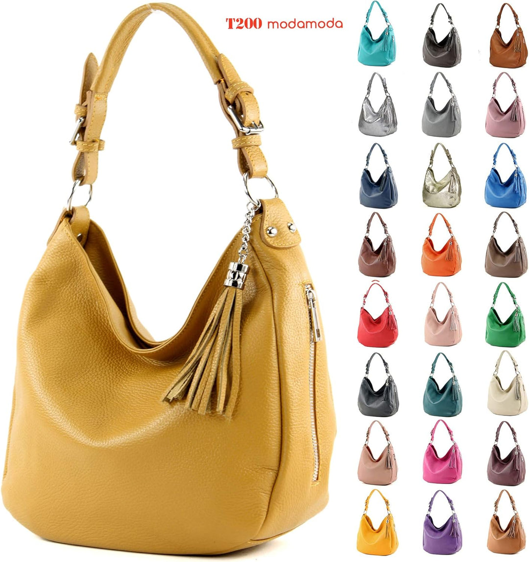 modamoda de - T200 - ital. Damen Schultertasche aus Leder Purpurrot, Purpurrot