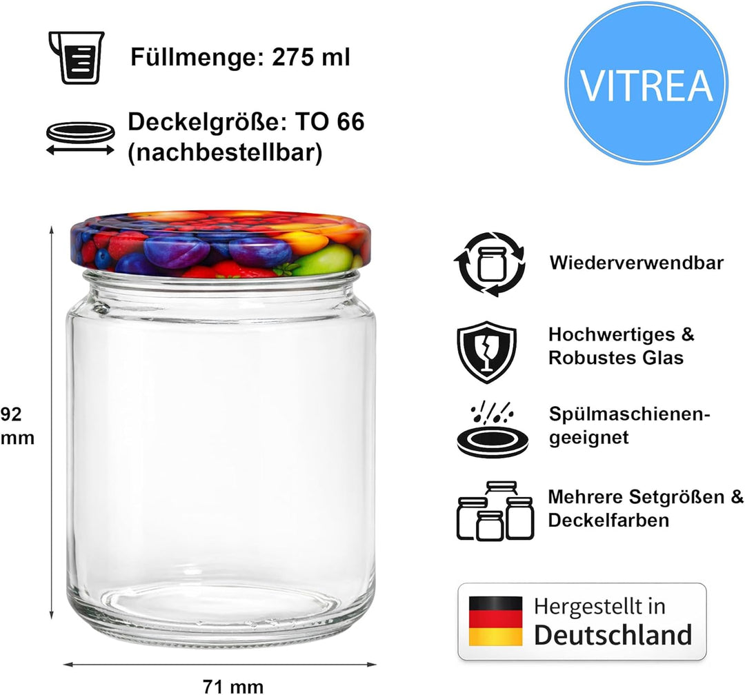 Vitrea 50x Marmeladengläser 275 ml - mit Deckel Obst TO 66 - Einmachgläser zum befüllen mit Schraubd