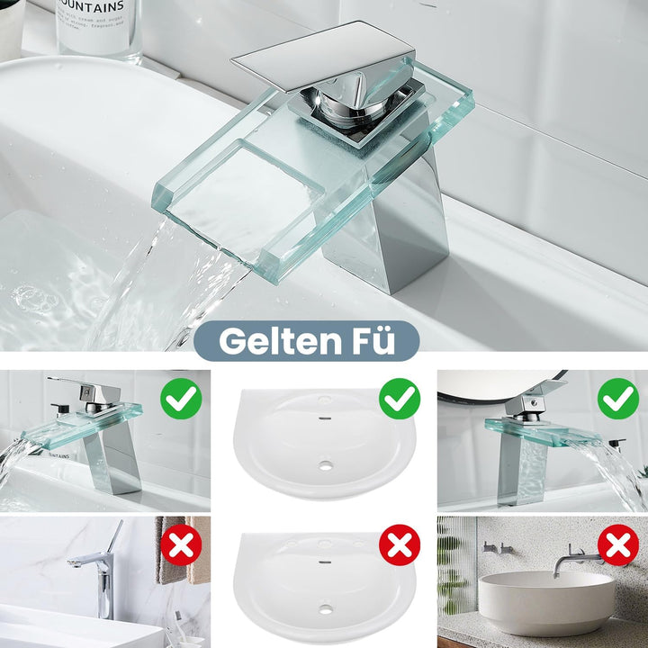 Wasserhahn Bad,Wasserfall Armatur Badezimmer Glas,Einhand-Waschtischarmatur,Chrome, Chrome