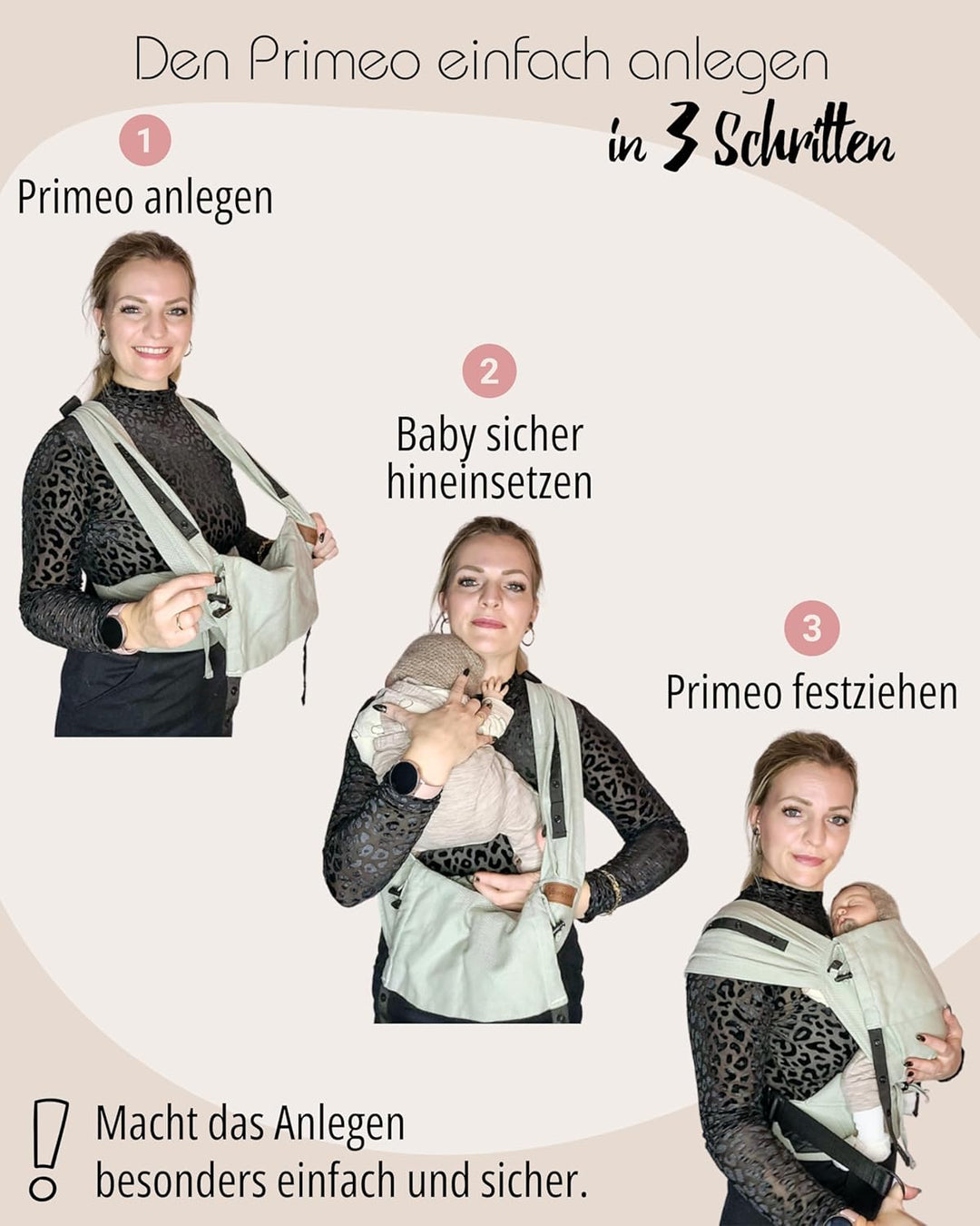 Hoppediz Babytrage Primeo, für Neugeborene ab Geburt, Bauchtrage, Rückentrage, 100% kbA-Baumwolle, E