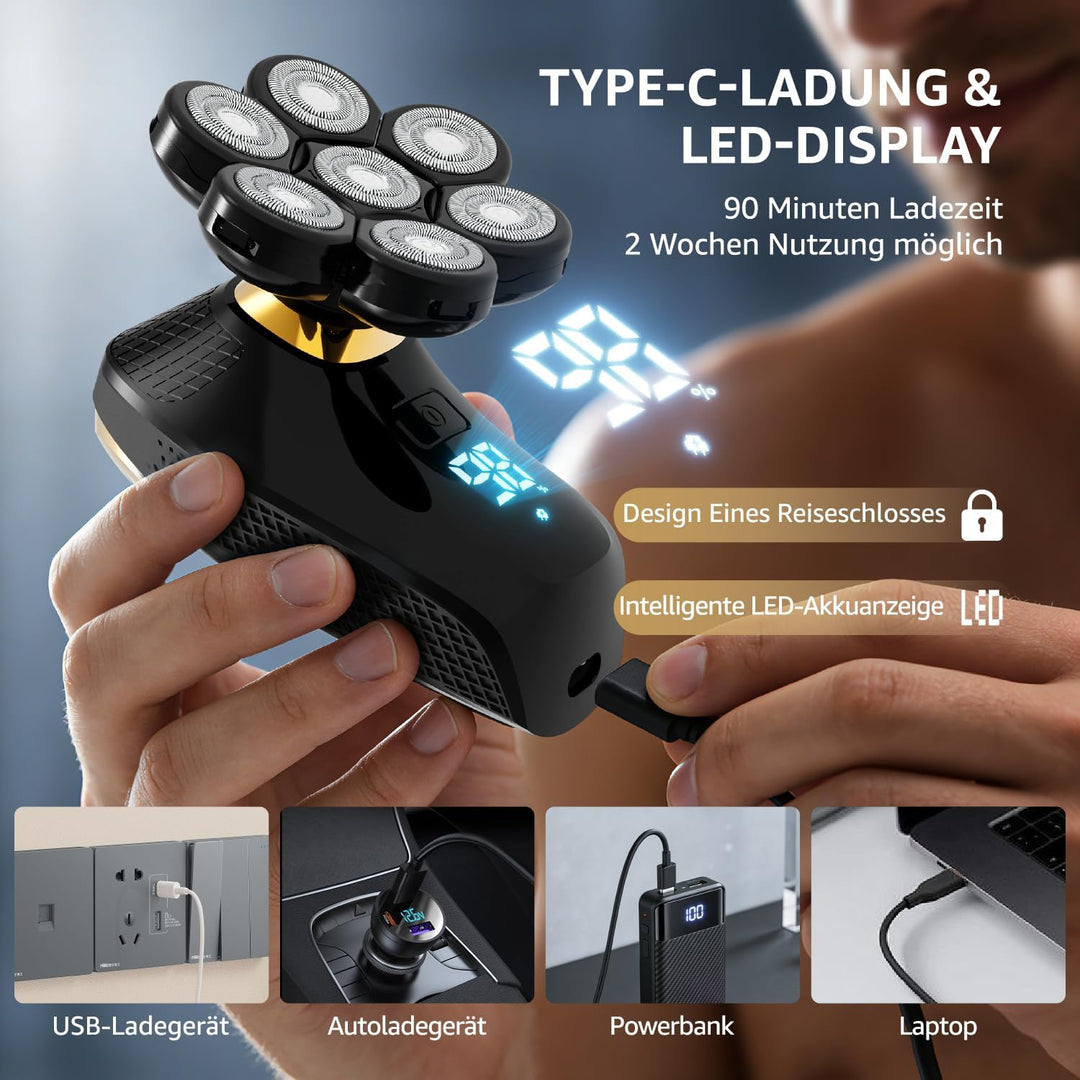 Glatzen- Rasierer Herren elektrisch, 7D Kopfrasierer Glatze mit 5-in-1-Pflegeset, LED-Anzeige, Wiede