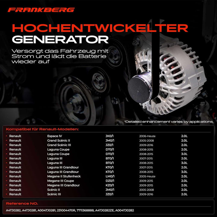 Frankberg Lichtmaschine Generator 210A Kompatibel mit Espace IV JK0/1 2.0L 2006-2021 Laguna III BT0/