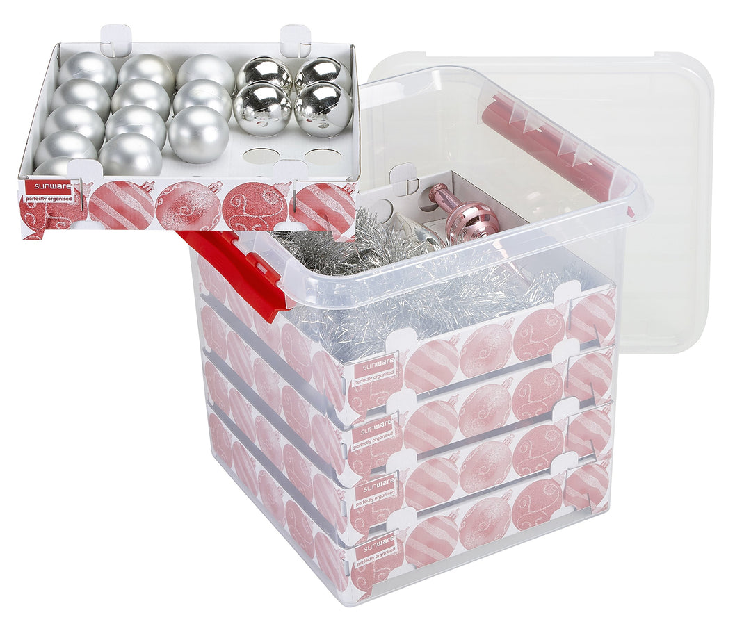 Sunware Q-Line Weihnachtsbox mit Tabletts für 125 Kugeln, transparent/rot, 38 Litre