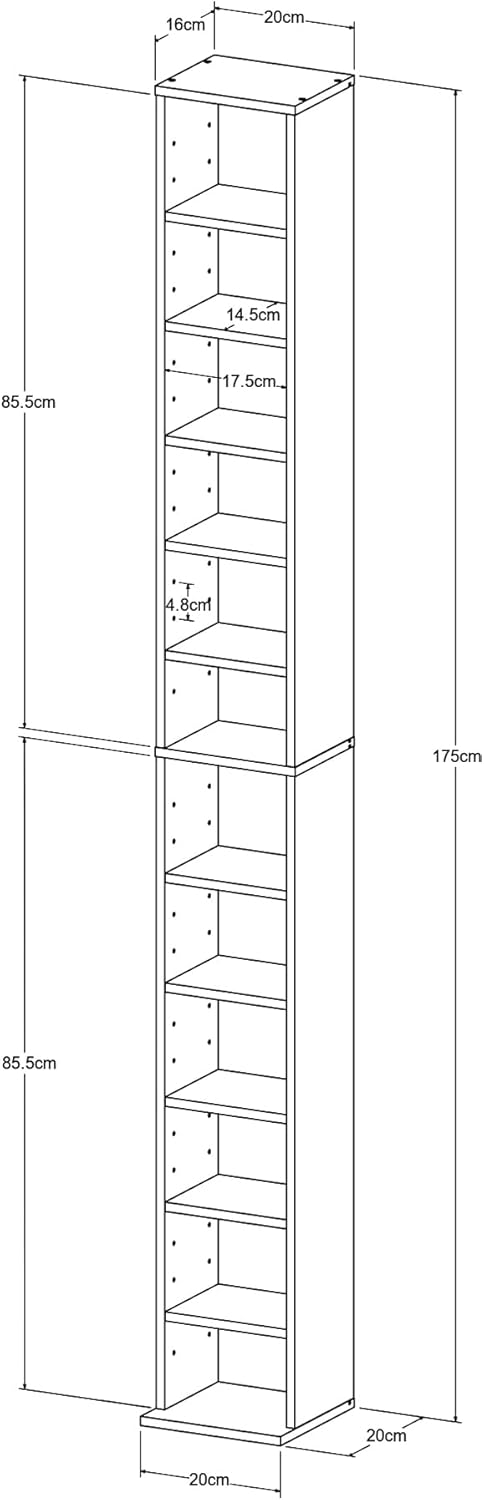 [en.casa] CD Regal Tynset DVD Regal mit 12 Ablagefächern CD Aufbewahrung 175 x 20 x 20 cm Standregal
