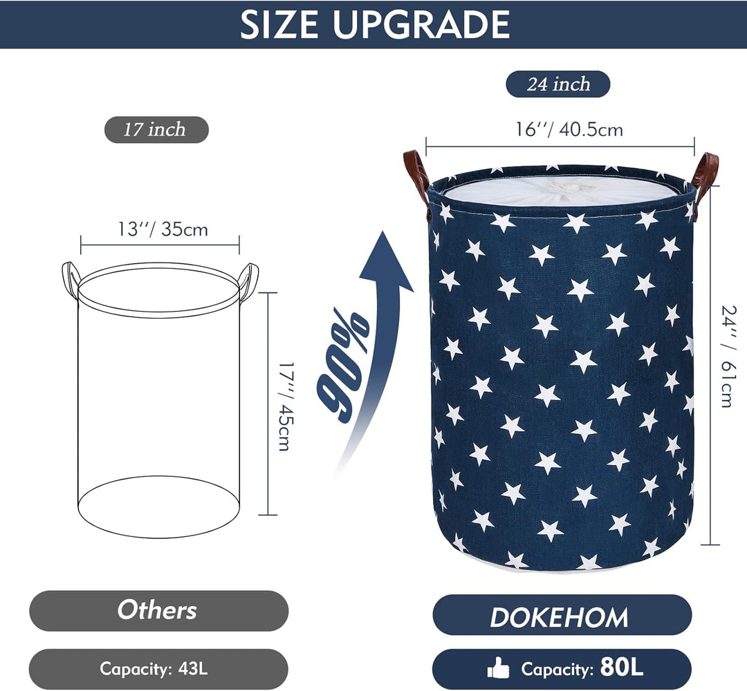 DOKEHOM 24-Inches Verdickte Faltbare Runde Lagerung Wäschekörbe, Baumwolle (Blau Star, XL) EINWEG Bl