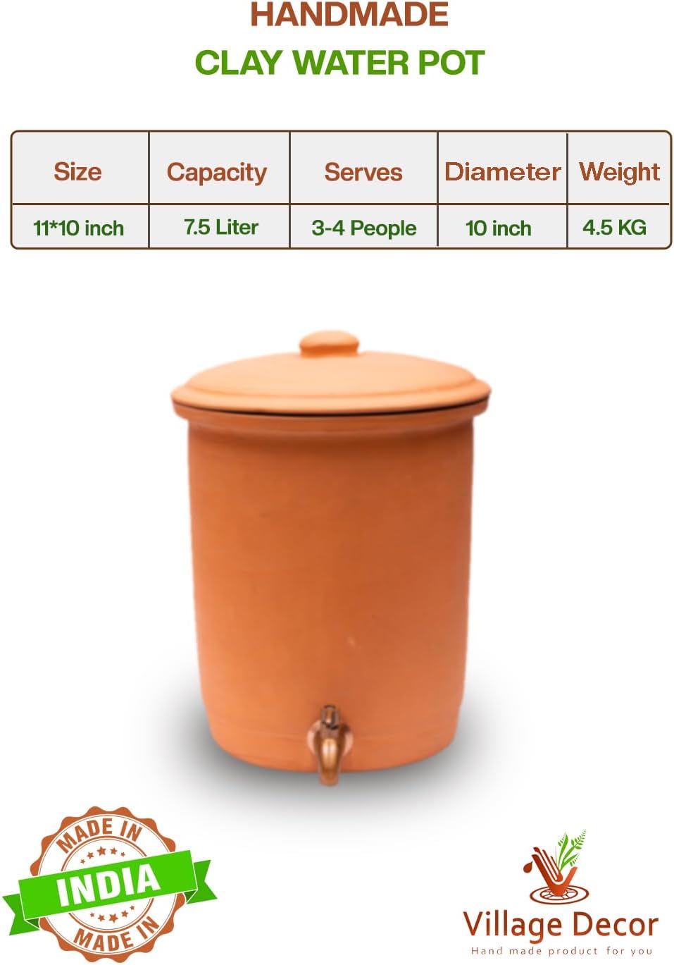Village Decor Handmade Earthen Clay Water Pot with Stainless Steel Spigot and Lid/Beverage Dispenser