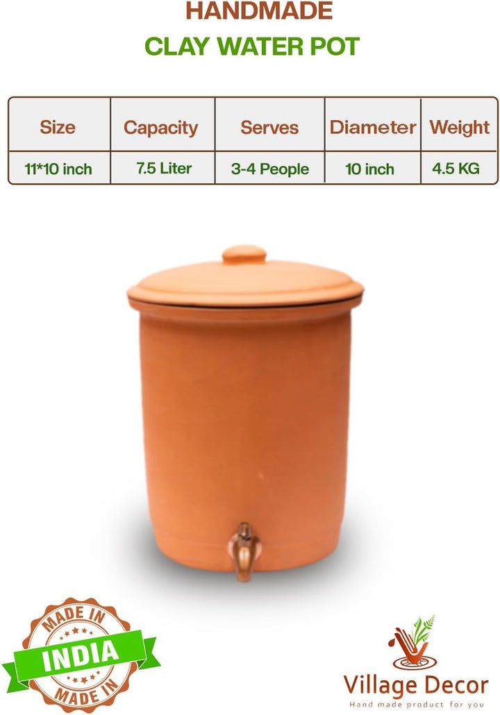 Village Decor Handmade Earthen Clay Water Pot with Stainless Steel Spigot and Lid/Beverage Dispenser