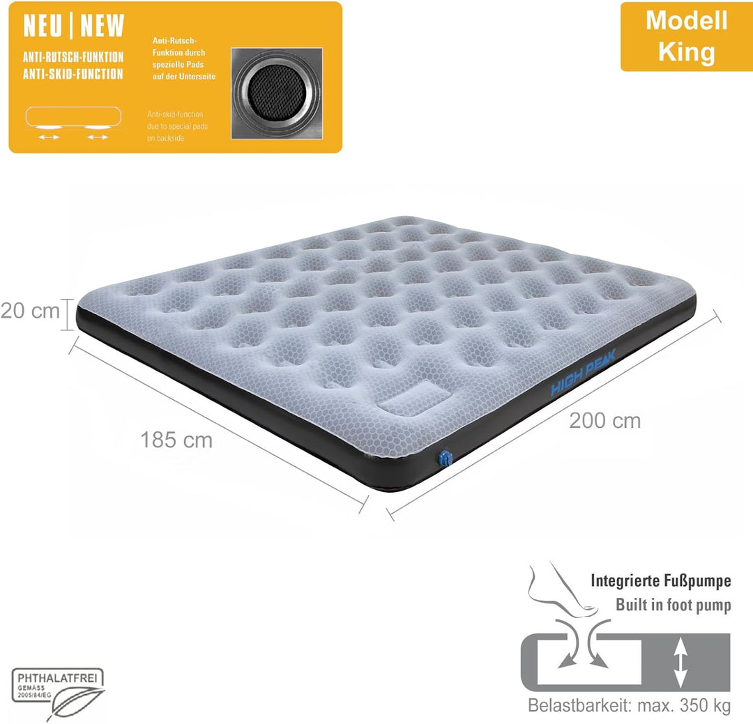 High Peak Unisex King Comfort Plus Luftbett, mit integrierte Fusspumpe und Anti-Rutsch Funktion, atm