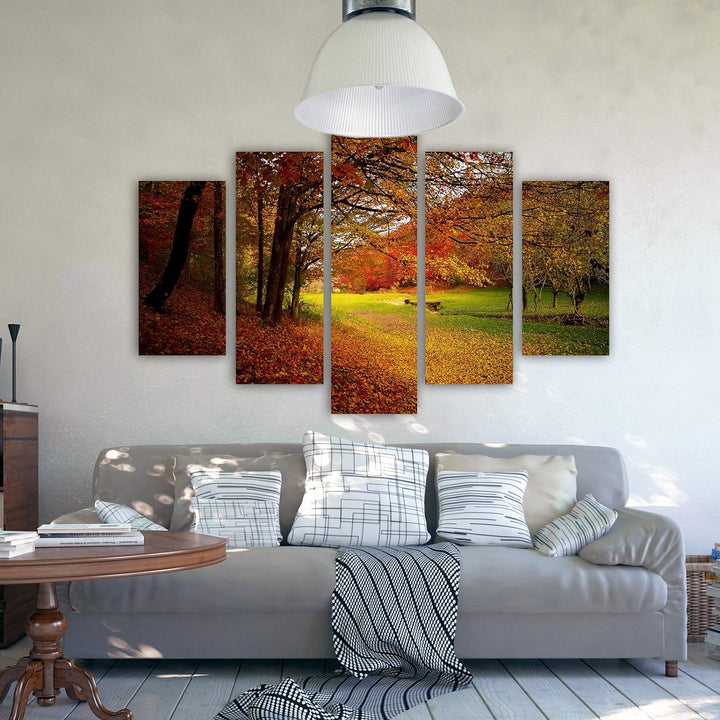 Leinwandbild 5 Teilig Landschaft Bild Wanddeko Herbst Blätter Bäume orange 150x100 cm Leinwandbild 1
