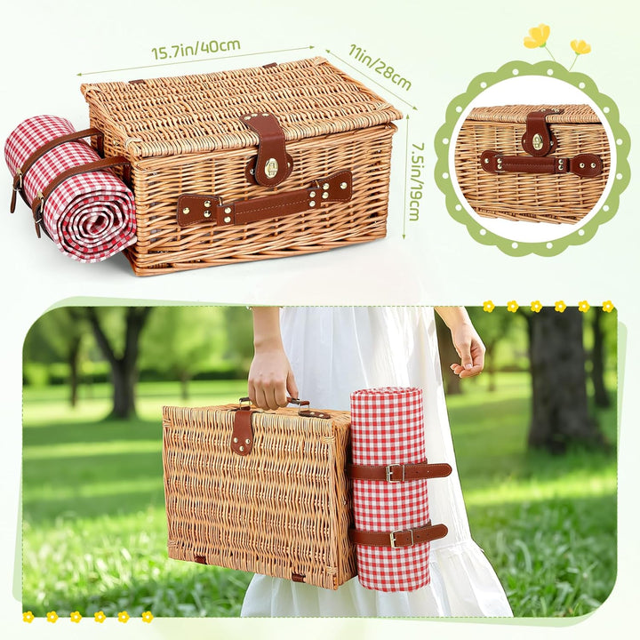 Picknickkorb für 4 Personen, handgeflochtener Korb mit eingebauter Isolierung und wasserdichter Deck