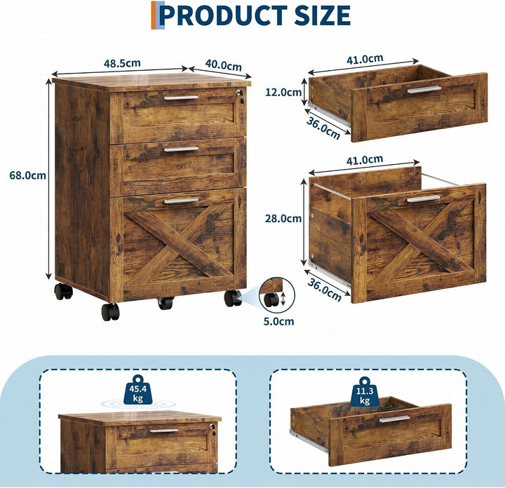 Rollcontainer mit 3 Schubladen, 39 x 50 x 62 cm | 3 Schubladen für Dokumente und Zubehör | Abschlies