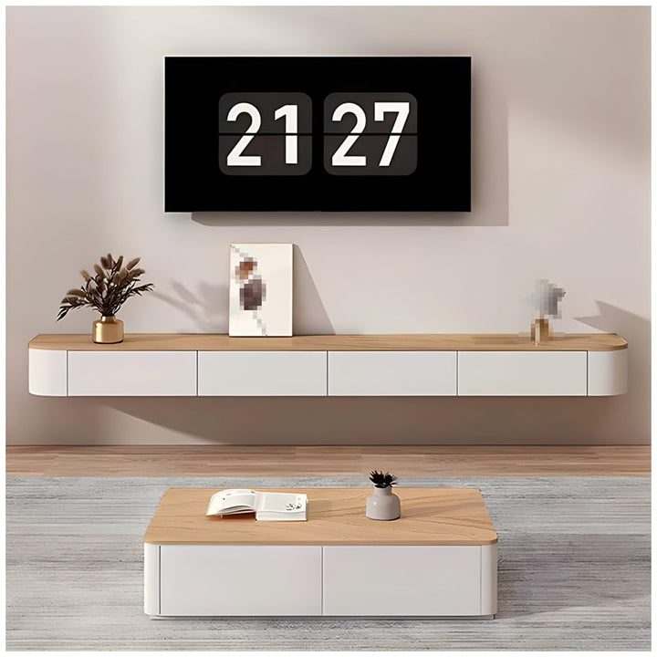 140 cm lang TV-Schrank hängend Holzfarben,Fernsehschrank mit 2 Schubladen und 1 Klappen Türen, an de