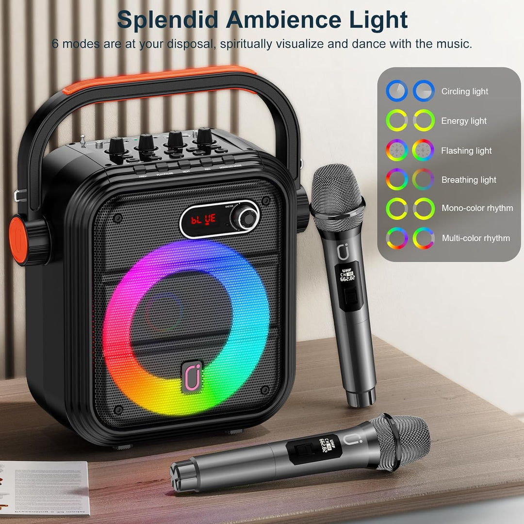 JYX Karaoke Maschine mit 2 kabellose Mikrofones, Tragbaren Bluetooth Lautsprecher mit RGB-Licht Unte
